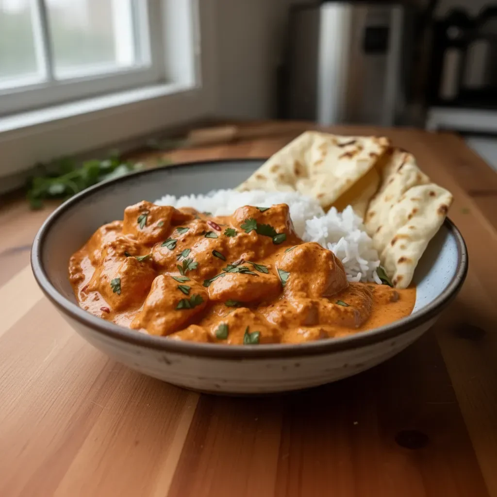 Plate of quick & easy homemade butter chicken garnished with cilantro