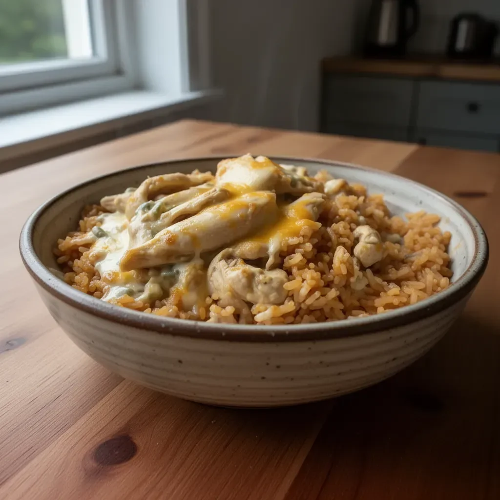 Cheesy chicken and rice dish garnished with herbs