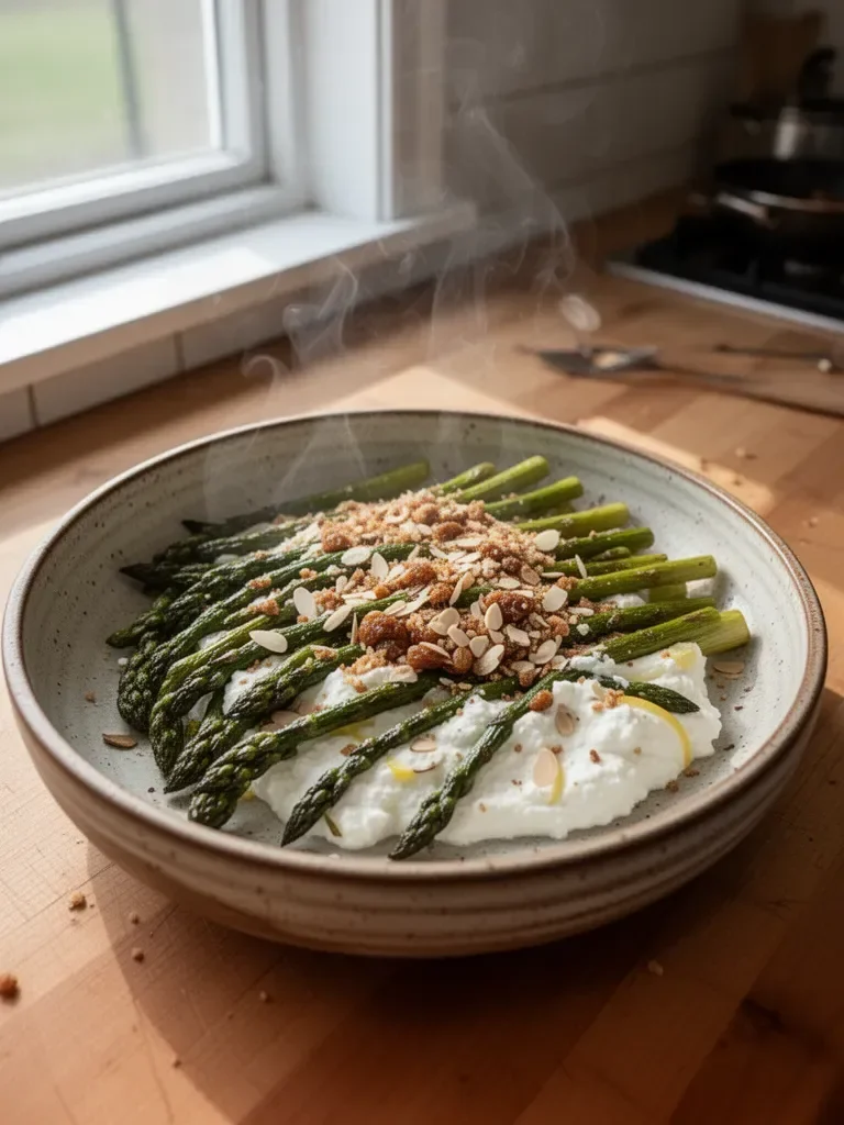 Roasted Asparagus with Lemon Ricotta and Almond Date Crunch