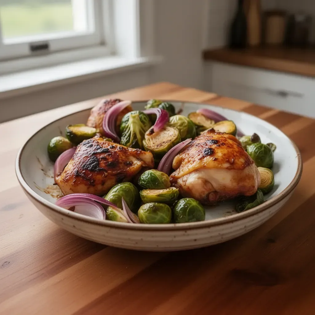 Roasted chicken served with Brussels sprouts on a plate