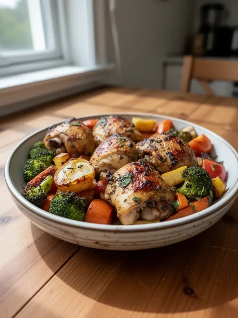 Roasted garlic chicken with colorful vegetables in a baking dish