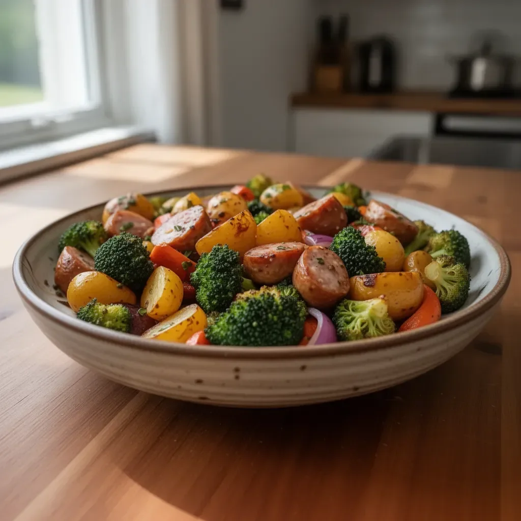Plated roasted veggie chicken sausage sheet with colorful vegetables and herbs