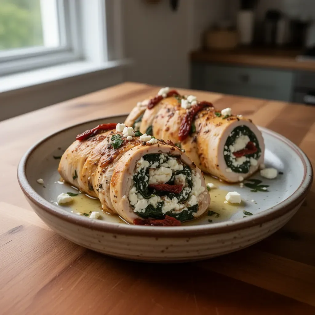 Rolled up chicken with feta, spinach, and sun-dried tomatoes on a plate