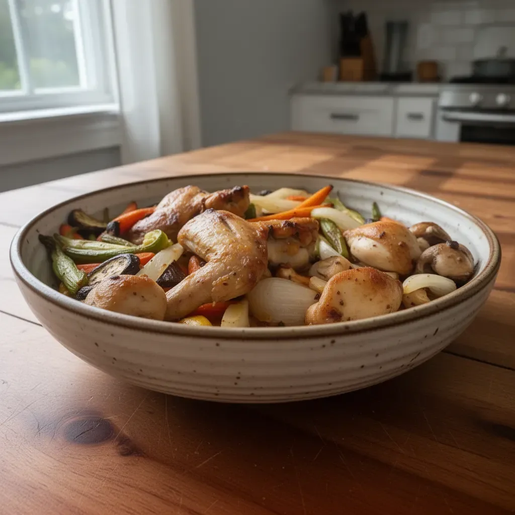 Sheet pan chicken with colorful garden vegetables ready to bake.