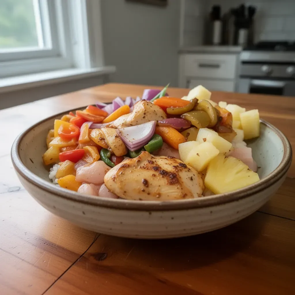 Sheet Pan Hawaiian Pineapple Chicken with vibrant colors and tropical fruit