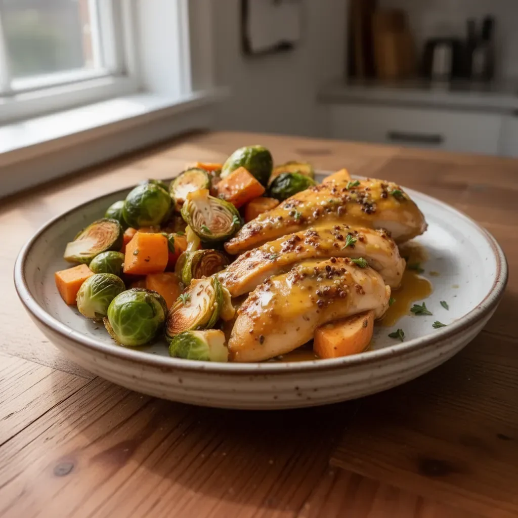 Sheet Pan Honey Dijon Chicken with Sweet Potatoes and Brussels Sprouts