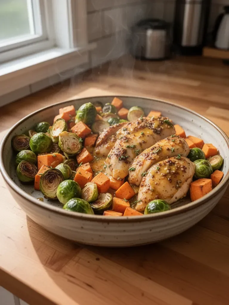 Sheet Pan Honey Dijon Chicken with Sweet Potatoes and Brussels Sprouts