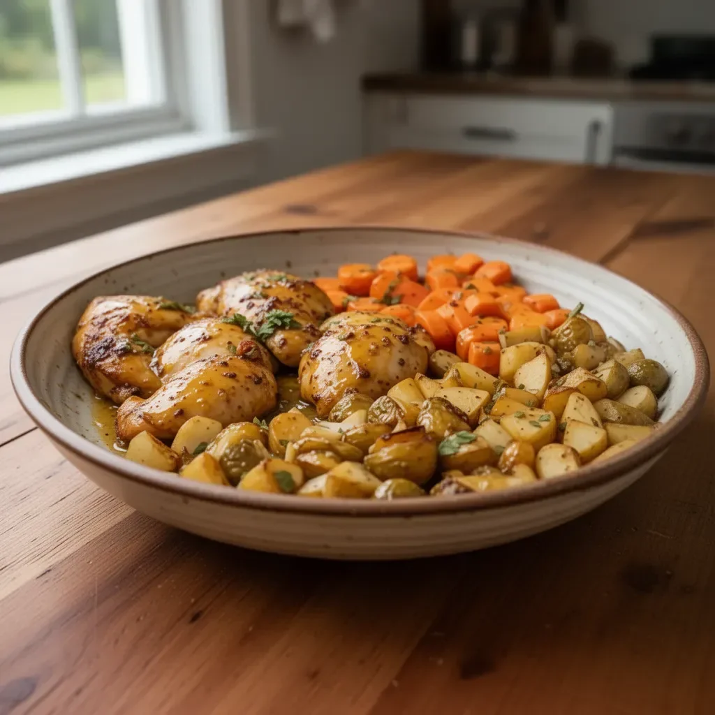 Sheet pan honey mustard chicken with vegetables, a wholesome dinner recipe.