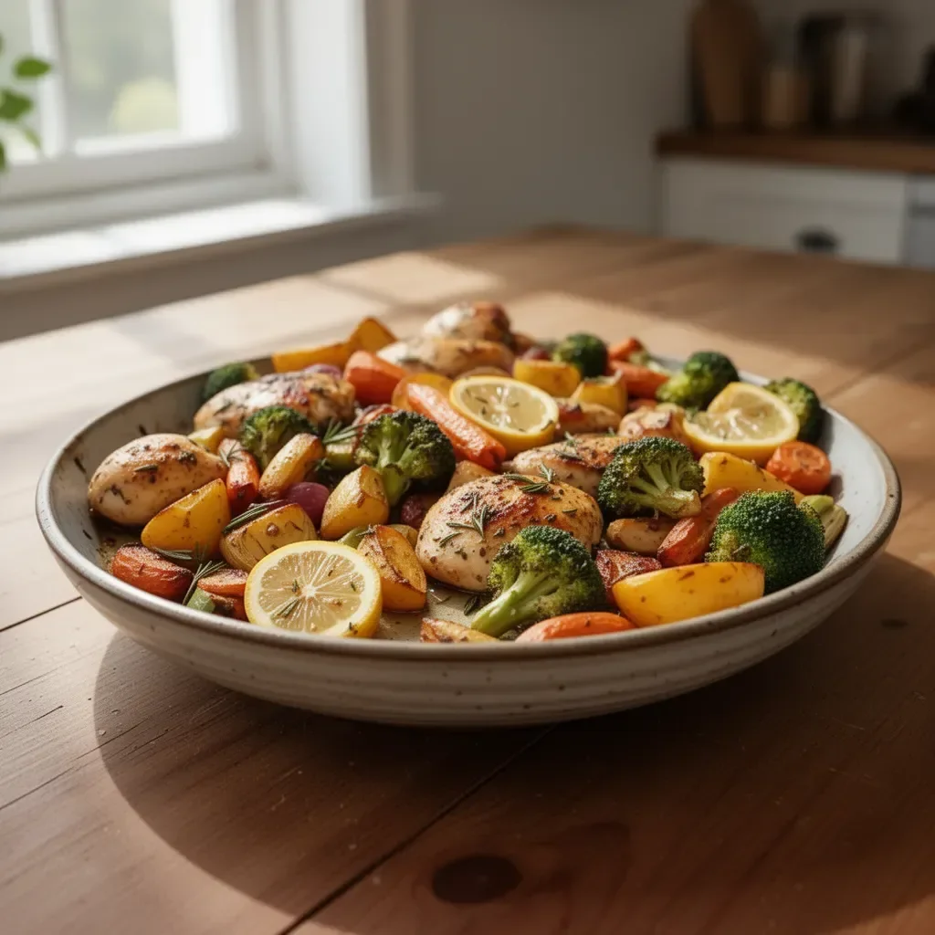 Delicious sheet pan lemon herb chicken with vegetables ready to serve.