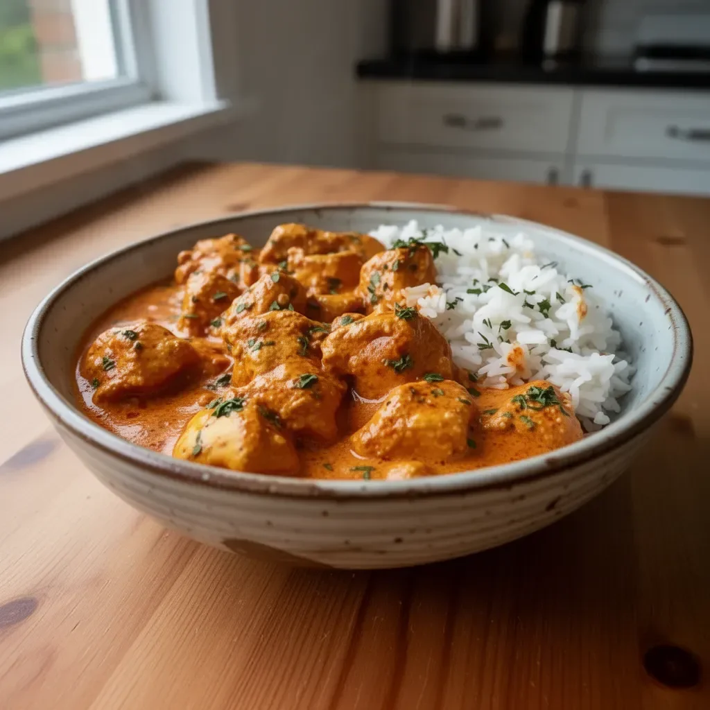 Delicious slow cooker butter chicken served with rice and garnished with fresh cilantro