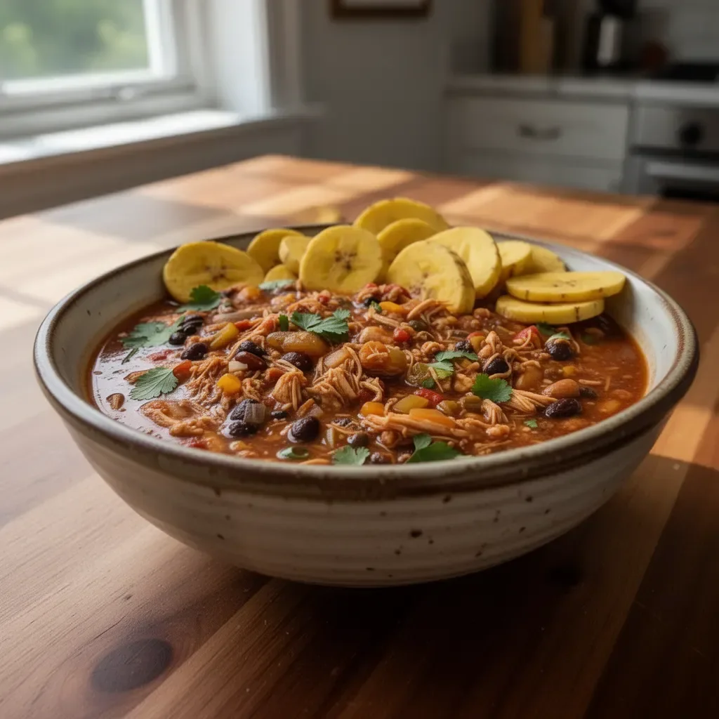 Bowl of Slow Cooker Jamaican Jerk Chicken Chili topped with fresh herbs