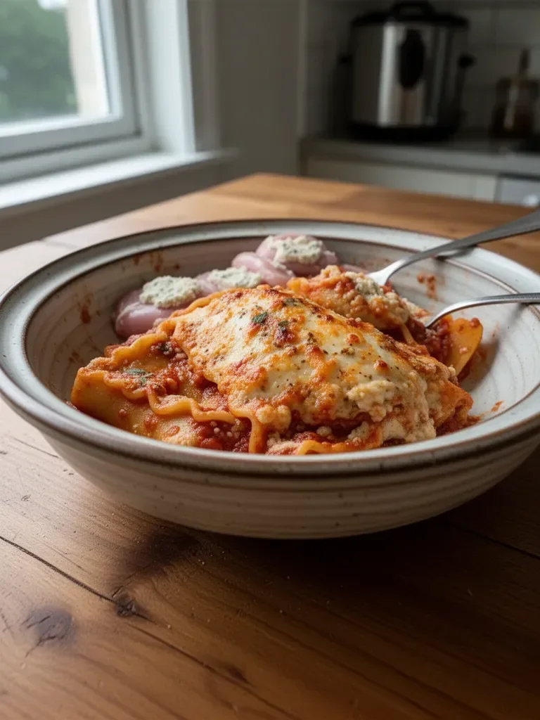 Delicious slow cooker lasagna with layers of cheese and savory sauce