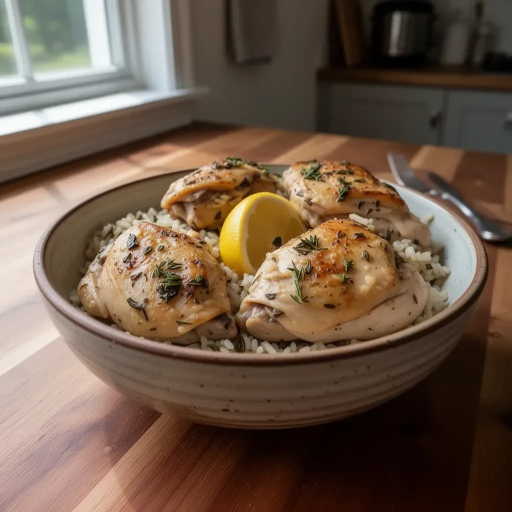 Delicious slow cooker lemon herb chicken served with rice.