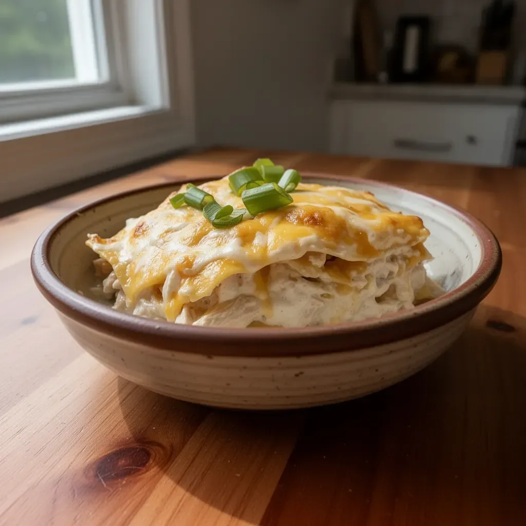Creamy sour cream chicken enchilada casserole garnished with cilantro and cheese