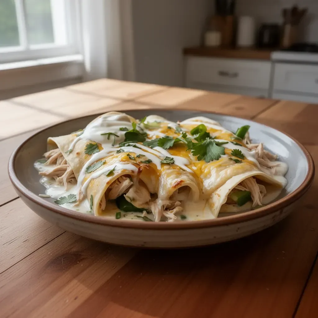 Delicious sour cream chicken enchiladas topped with cheese and cilantro.