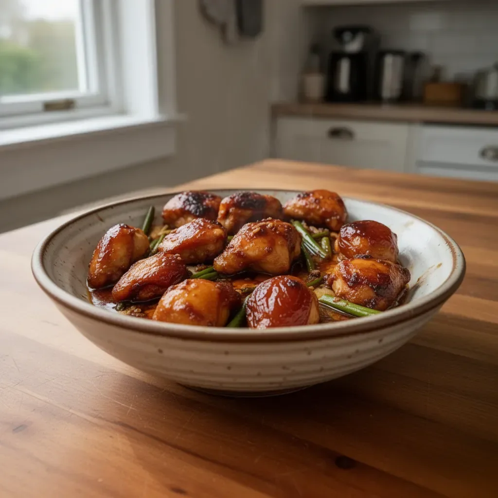 Delicious sticky apricot chicken served on a plate, garnished with herbs.