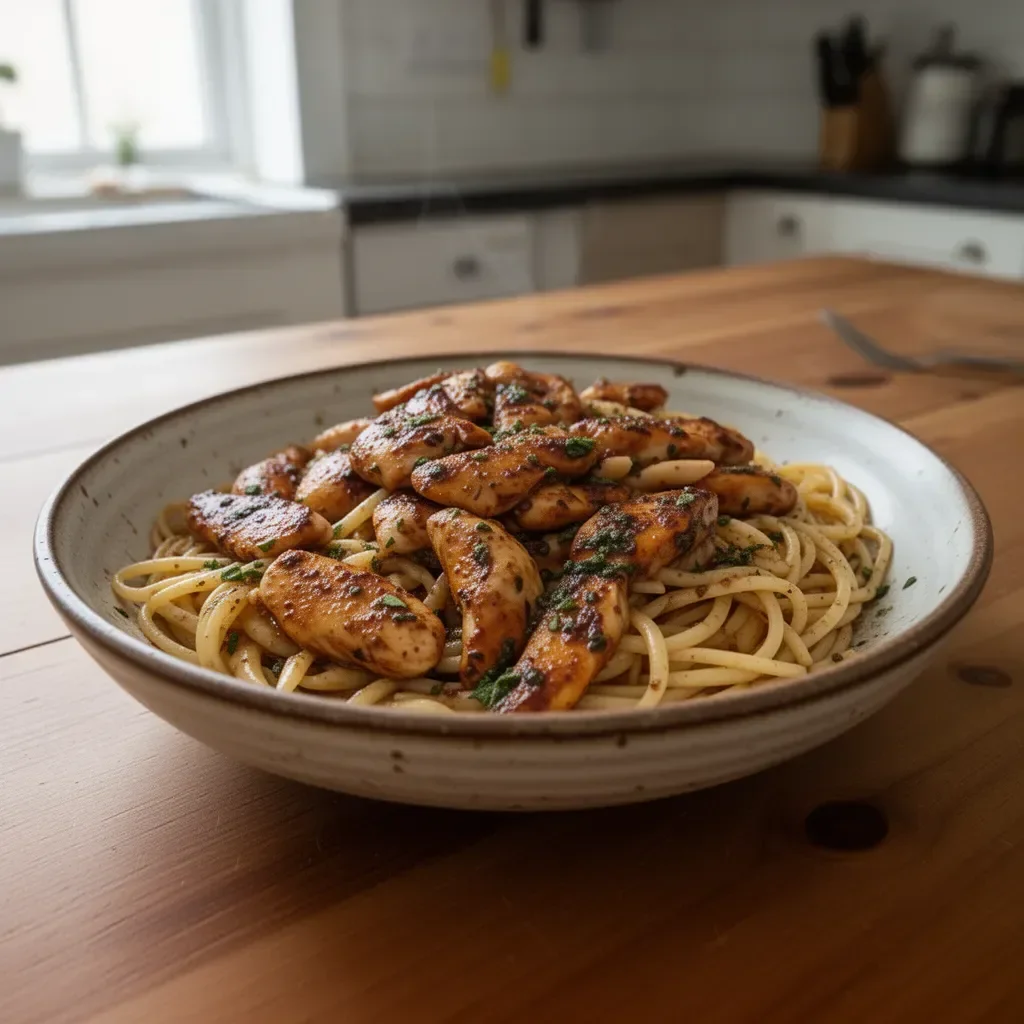 Sticky Smoky Garlic Butter Chicken Pasta 3 Delicious sticky smoky garlic butter chicken pasta served in a bowl