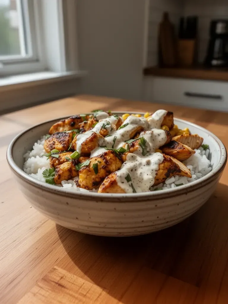 Delicious Street Corn Chicken Rice Bowl with vibrant toppings and flavors.