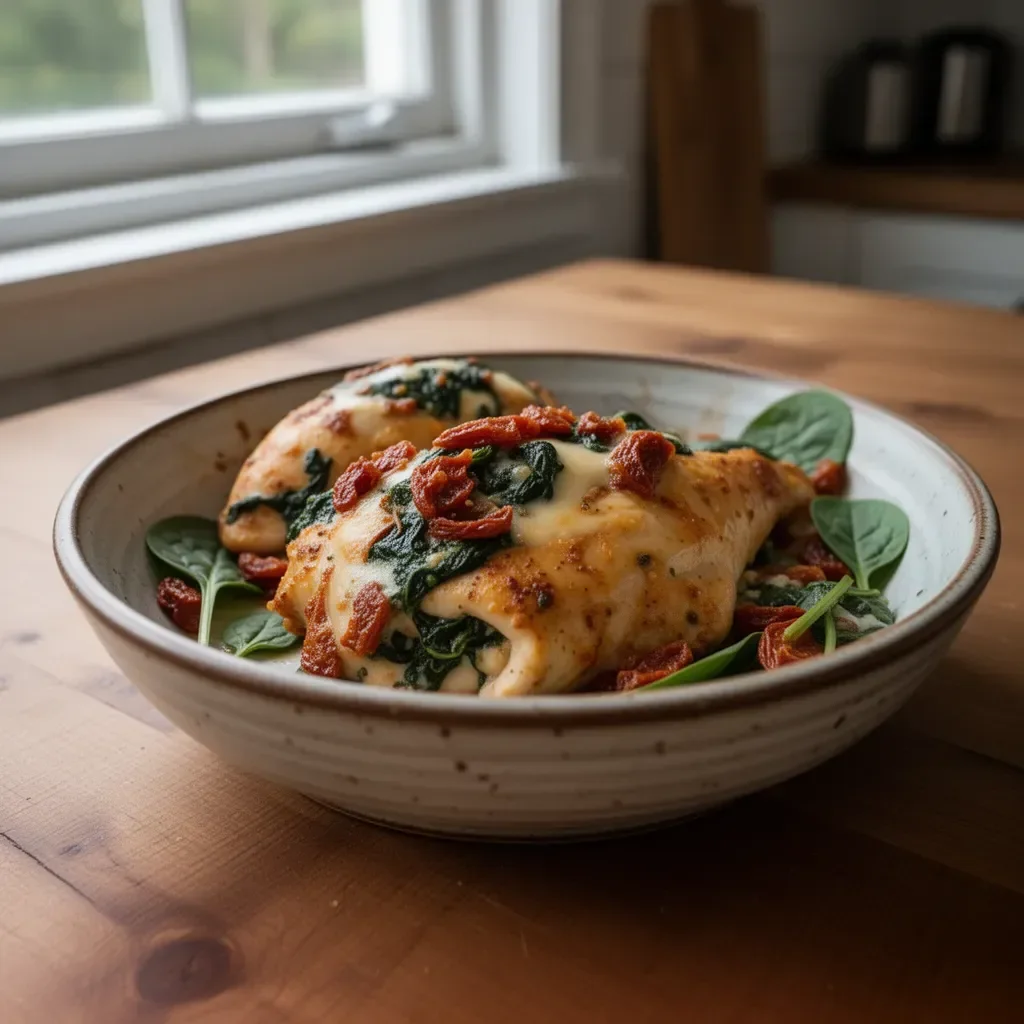 Sundried tomato, spinach, and cheese stuffed chicken served on a plate