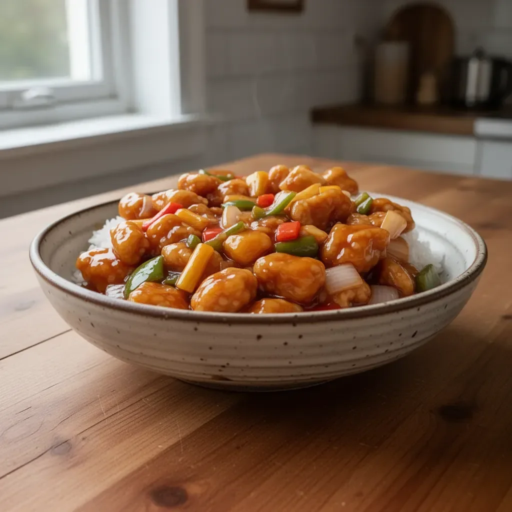 Delicious Sweet and Sour Chicken served with colorful vegetables on a plate.