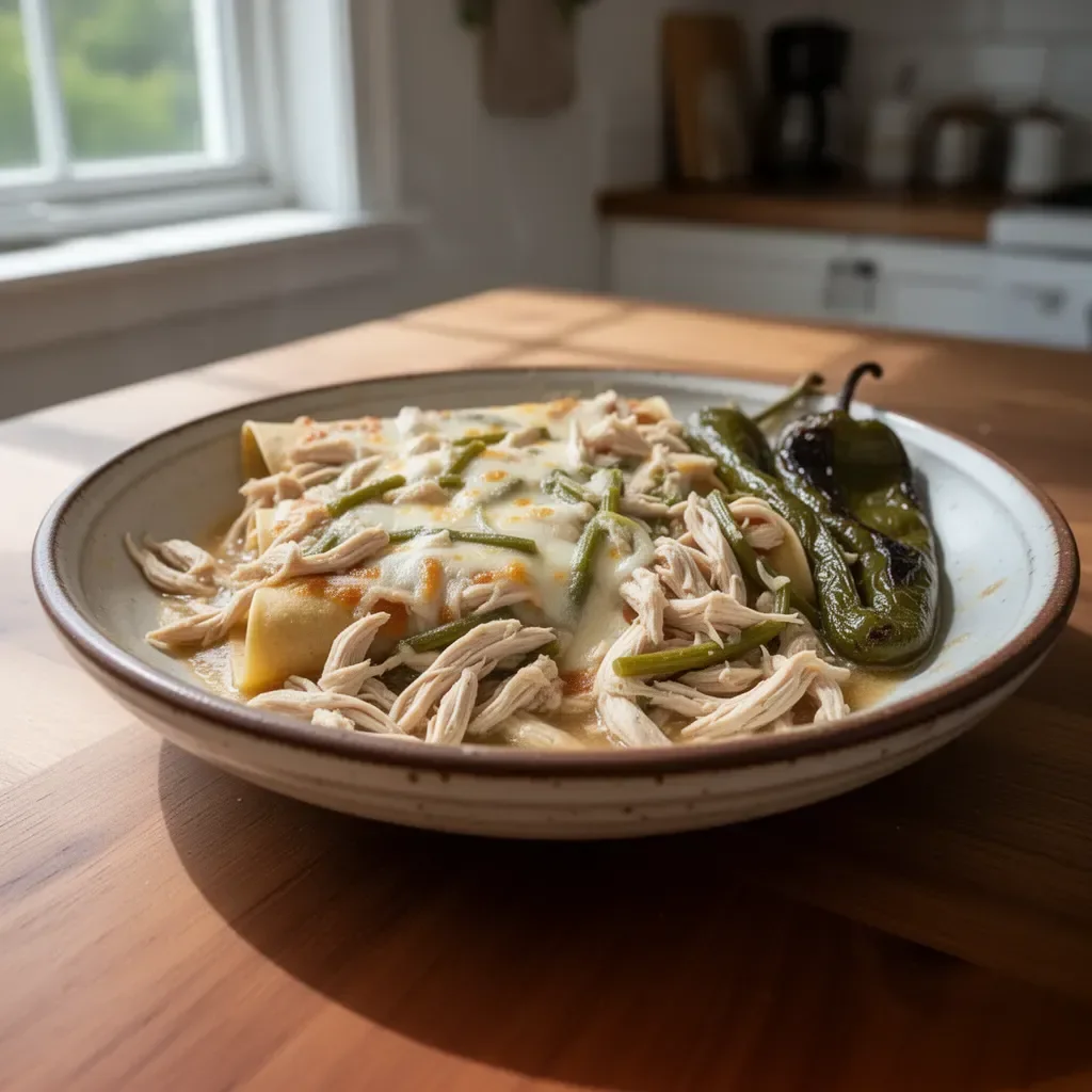 Swiss enchiladas with chicken and roasted poblanos on a plate