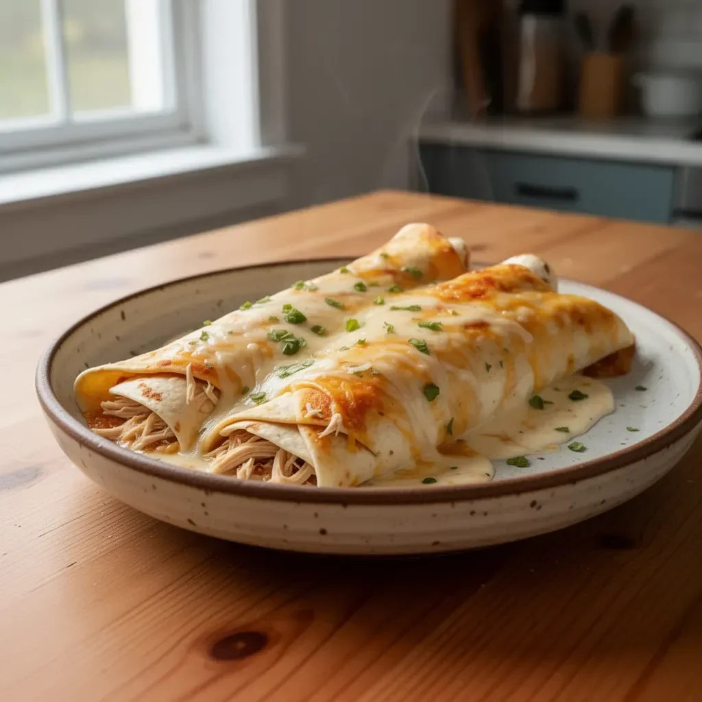 Delicious white rotisserie chicken enchiladas garnished with fresh herbs