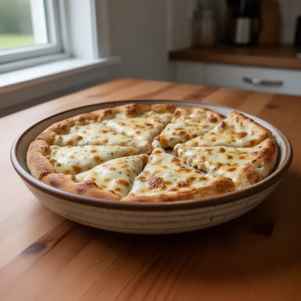Delicious Alfredo pizza topped with creamy sauce, cheese, and fresh ingredients.