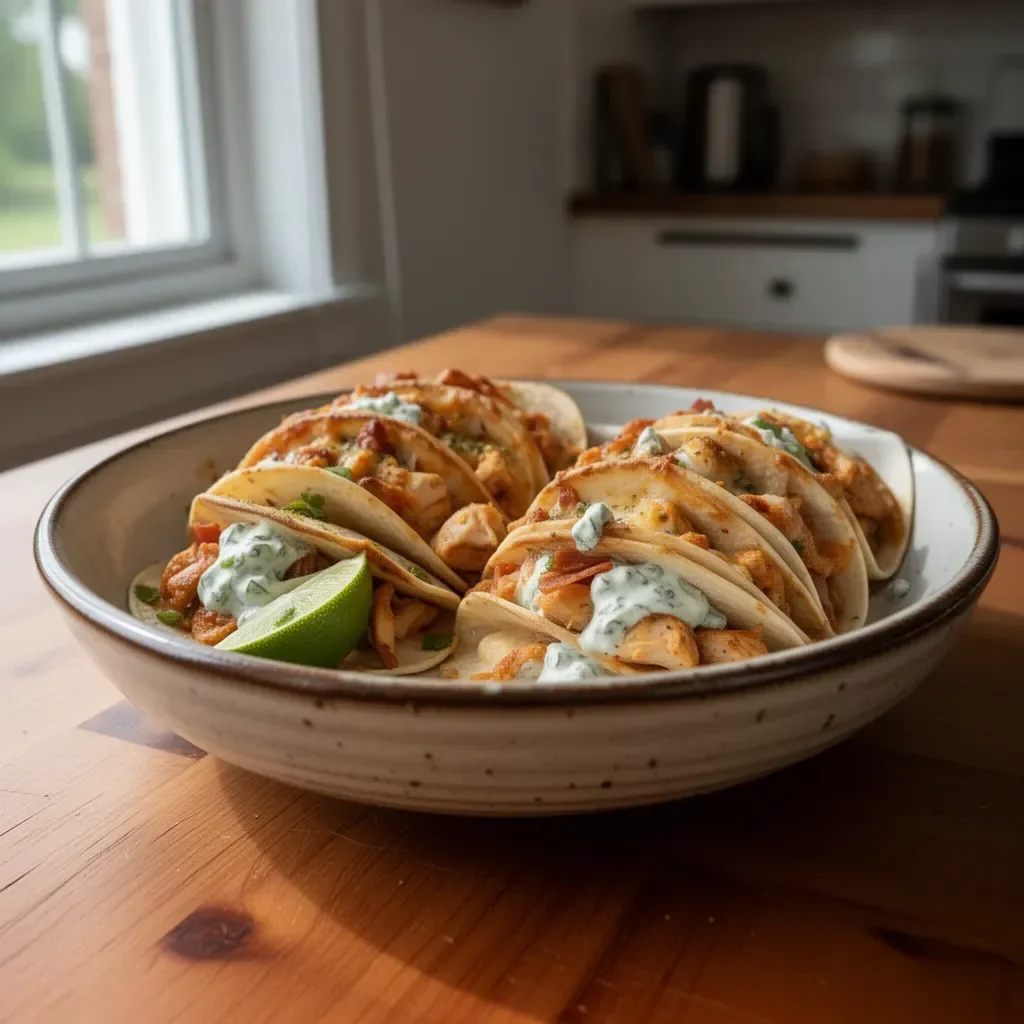 Baked Chicken Bacon Ranch Tacos 3 Baked Chicken Bacon Ranch Tacos served on a plate garnished with fresh herbs.