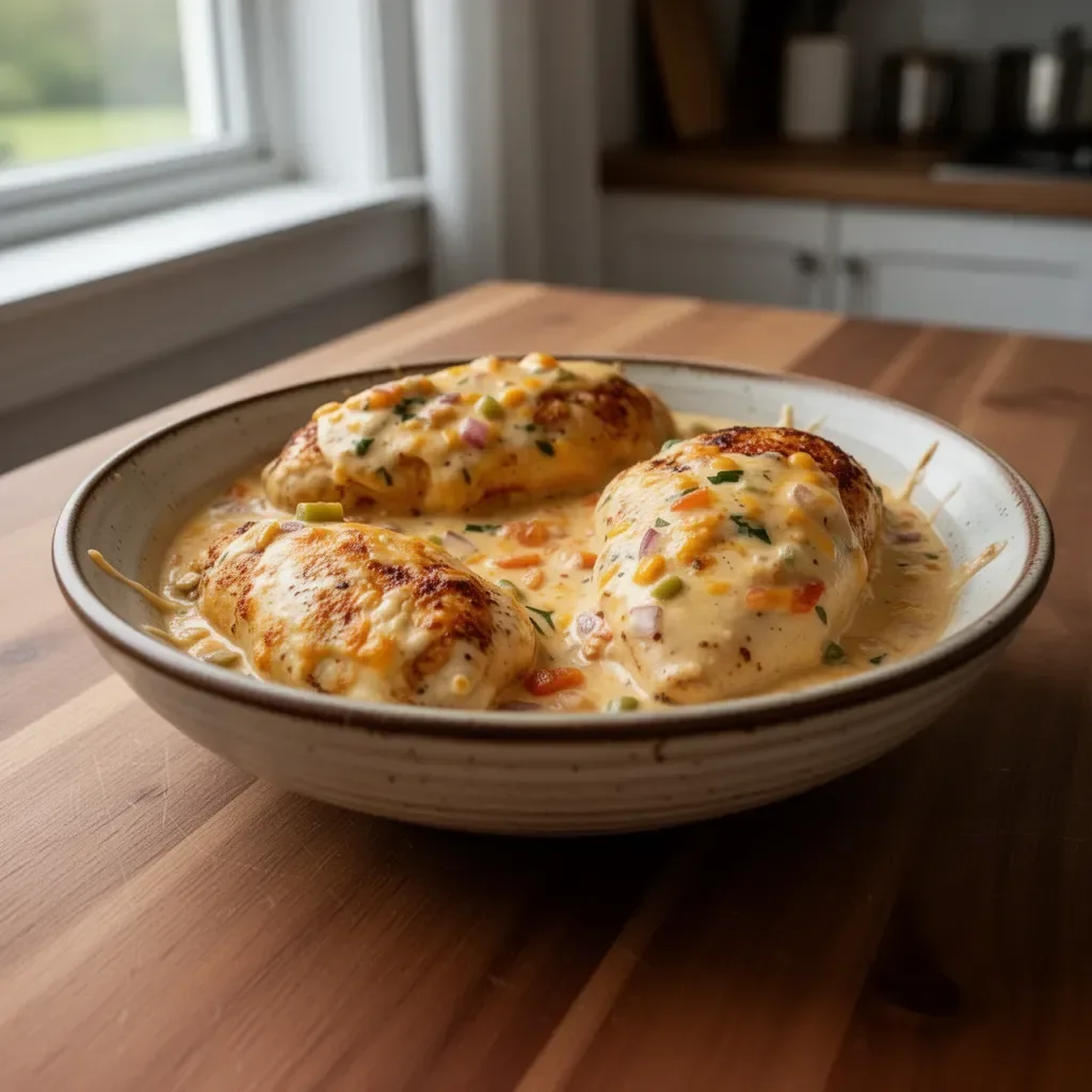 Delicious baked queso chicken topped with melted cheese and spices.