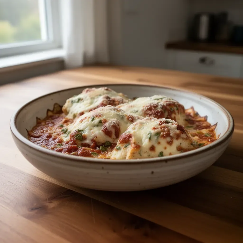 Baked ricotta chicken served on a plate with herbs and spices