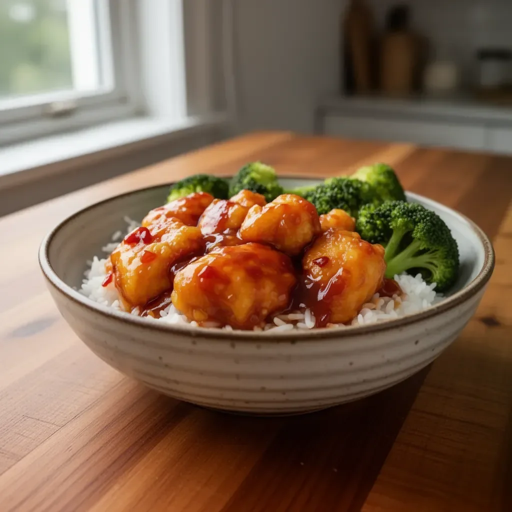 Baked Sweet and Sour Chicken served with colorful vegetables.