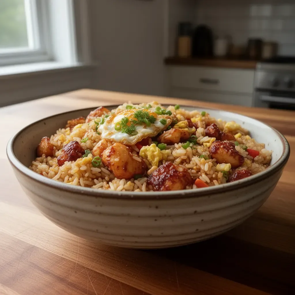 Plate of vibrant Bang Bang Fried Rice with colorful vegetables and spices