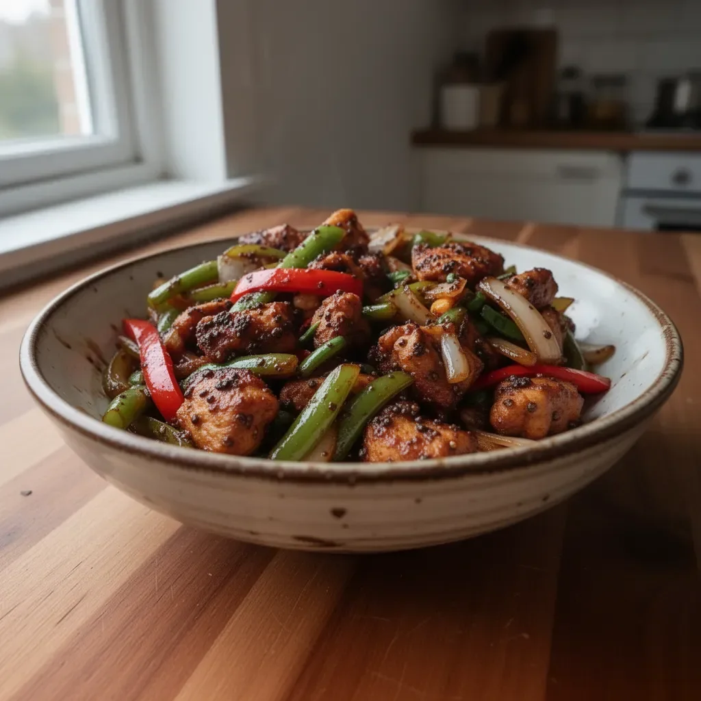 Delicious Black Pepper Chicken Stir-Fry with vibrant vegetables and savory sauce