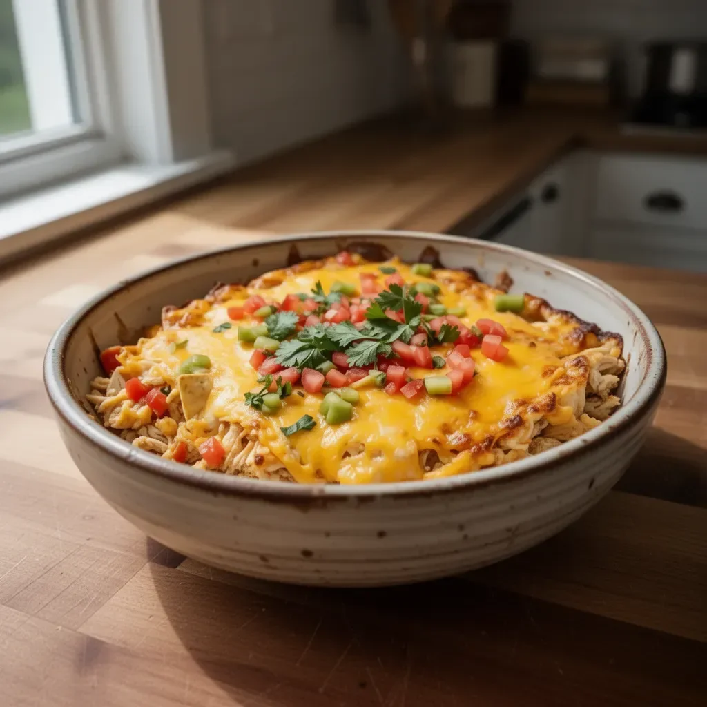 Cheesy chicken taco casserole served in a dish, topped with fresh cilantro
