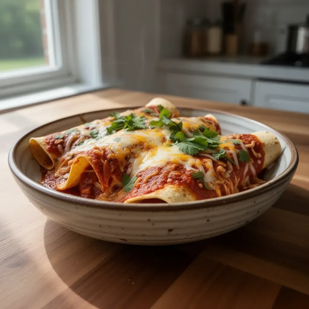 Cheesy rotisserie chicken enchiladas topped with melted cheese and red sauce