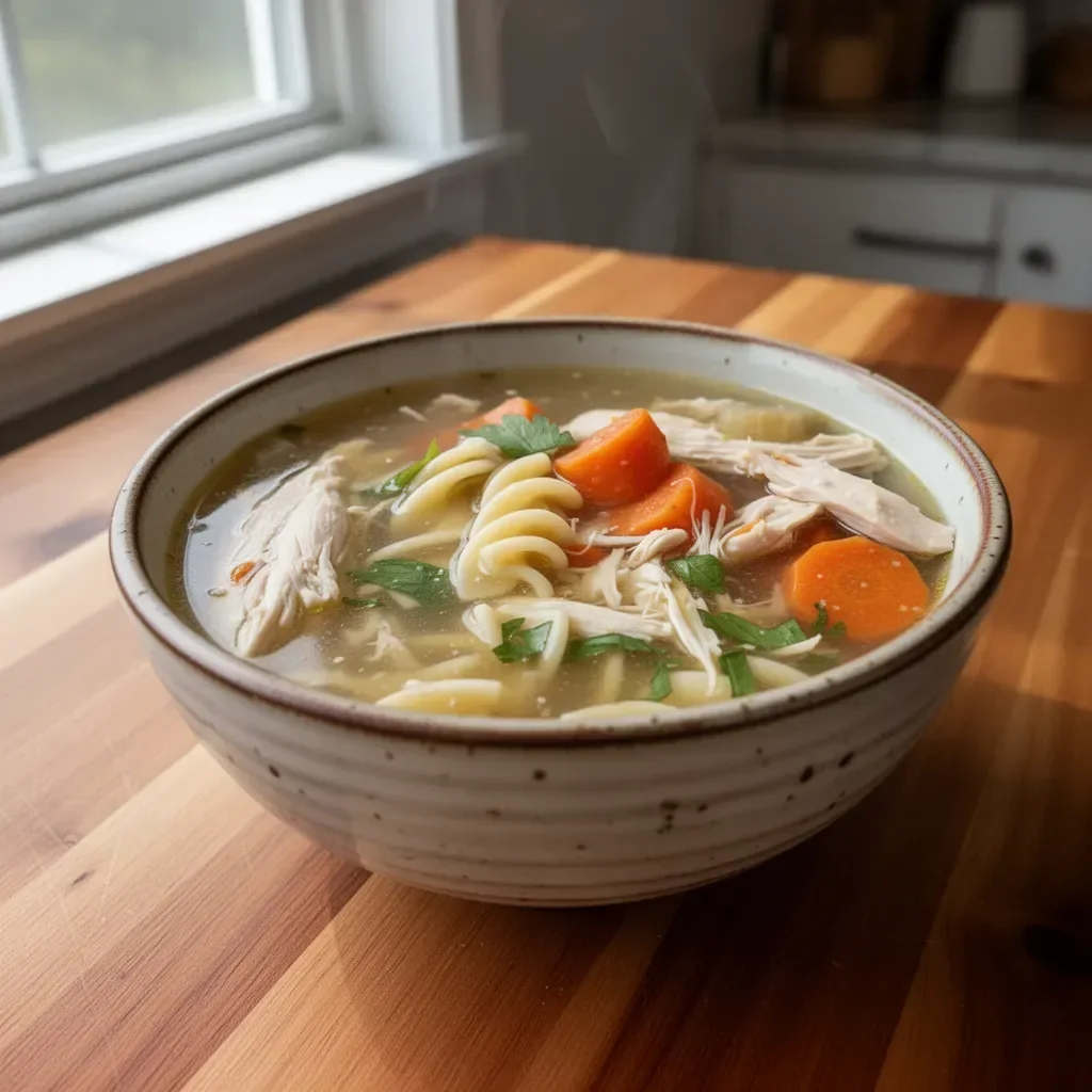 Homemade Chick-fil-A Chicken Noodle Soup in a bowl with fresh ingredients.