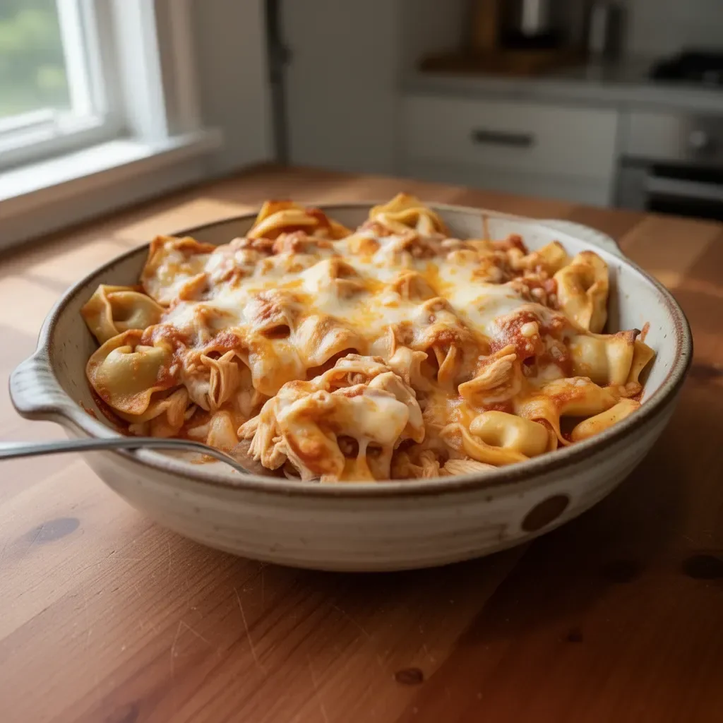 Baked chicken enchilada tortellini topped with cheese and garnished with cilantro.