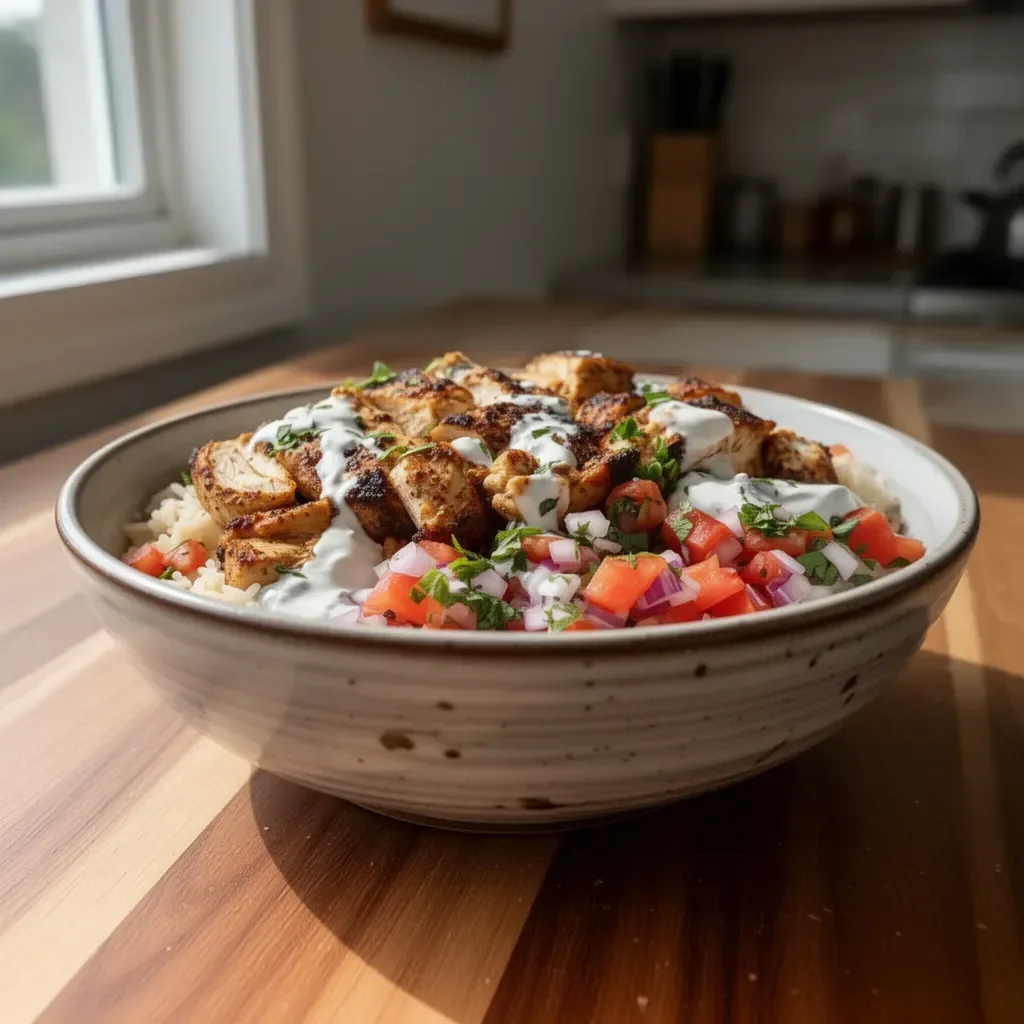 Delicious chicken gyro bowl with fresh vegetables and tasty sauce.