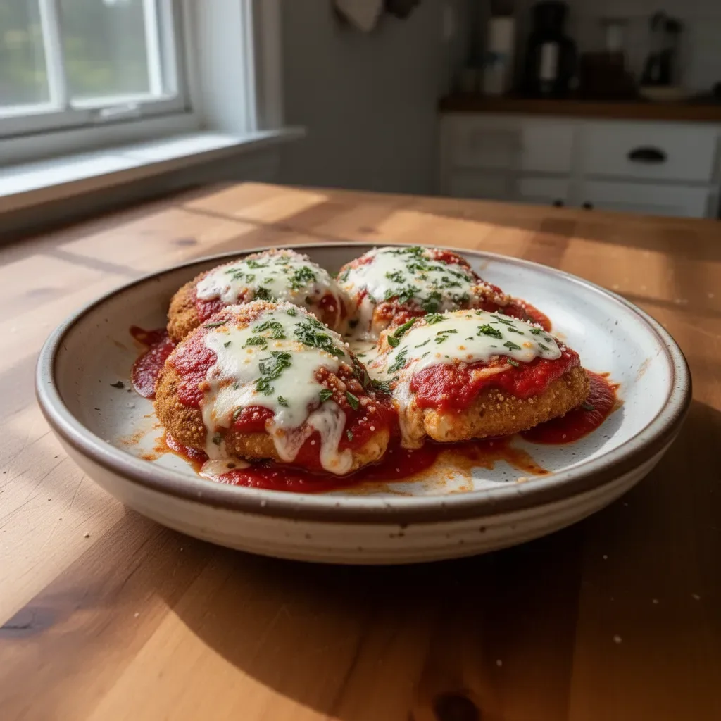 Delicious Chicken Parmesan served with marinara sauce and mozzarella cheese