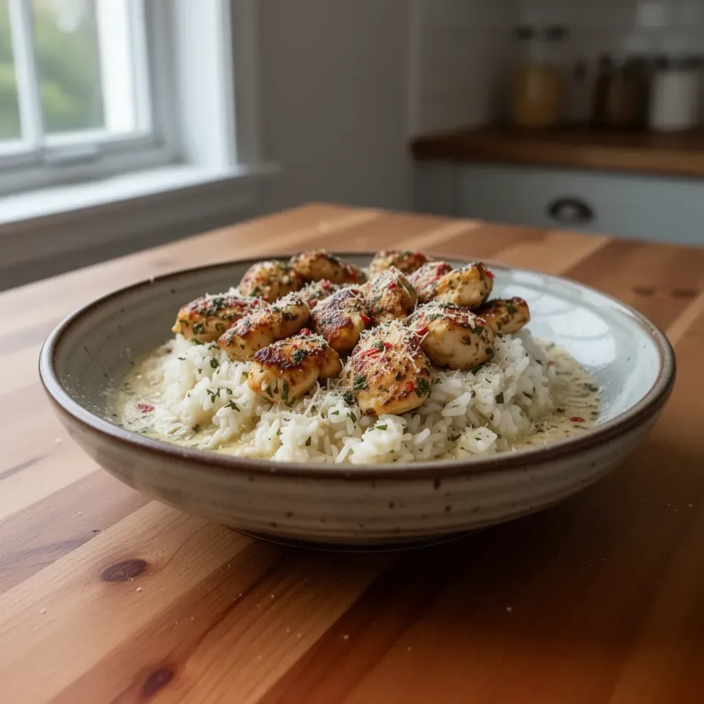Delicious chicken scampi served with creamy garlic parmesan rice