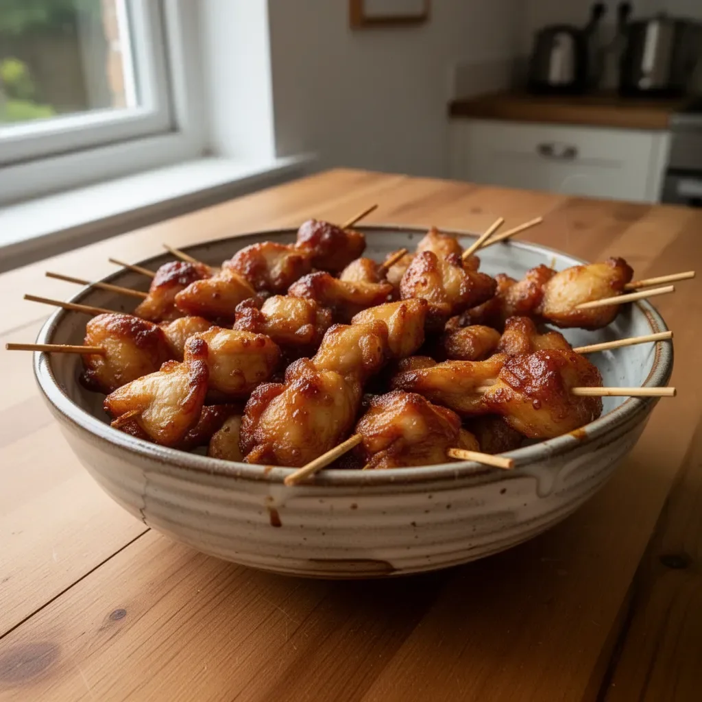 Delicious Chinese chicken skewers on a stick, served buffet style.