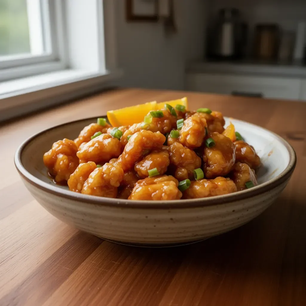 Delicious plate of Chinese Orange Chicken with vibrant orange sauce
