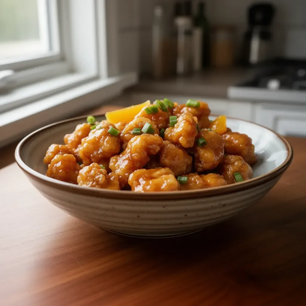 Delicious plate of Chinese Orange Chicken garnished with green onions and served with rice.