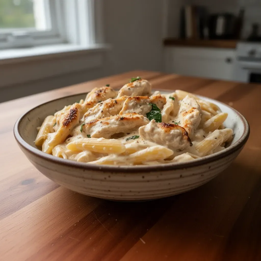 Bowl of creamy Crack Chicken Penne with herbs and spices