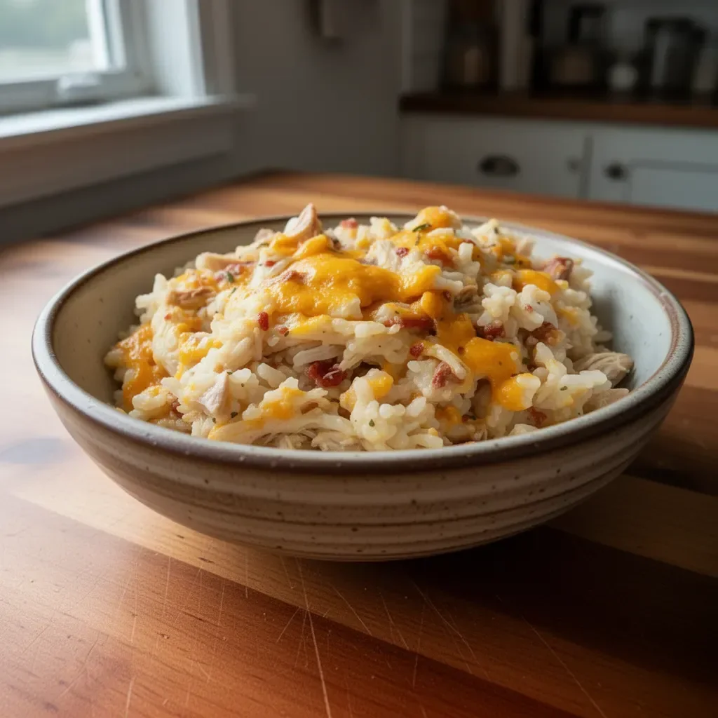 Cracked Out Chicken and Rice Bake topped with cheese and crispy bacon cooked in casserole dish.