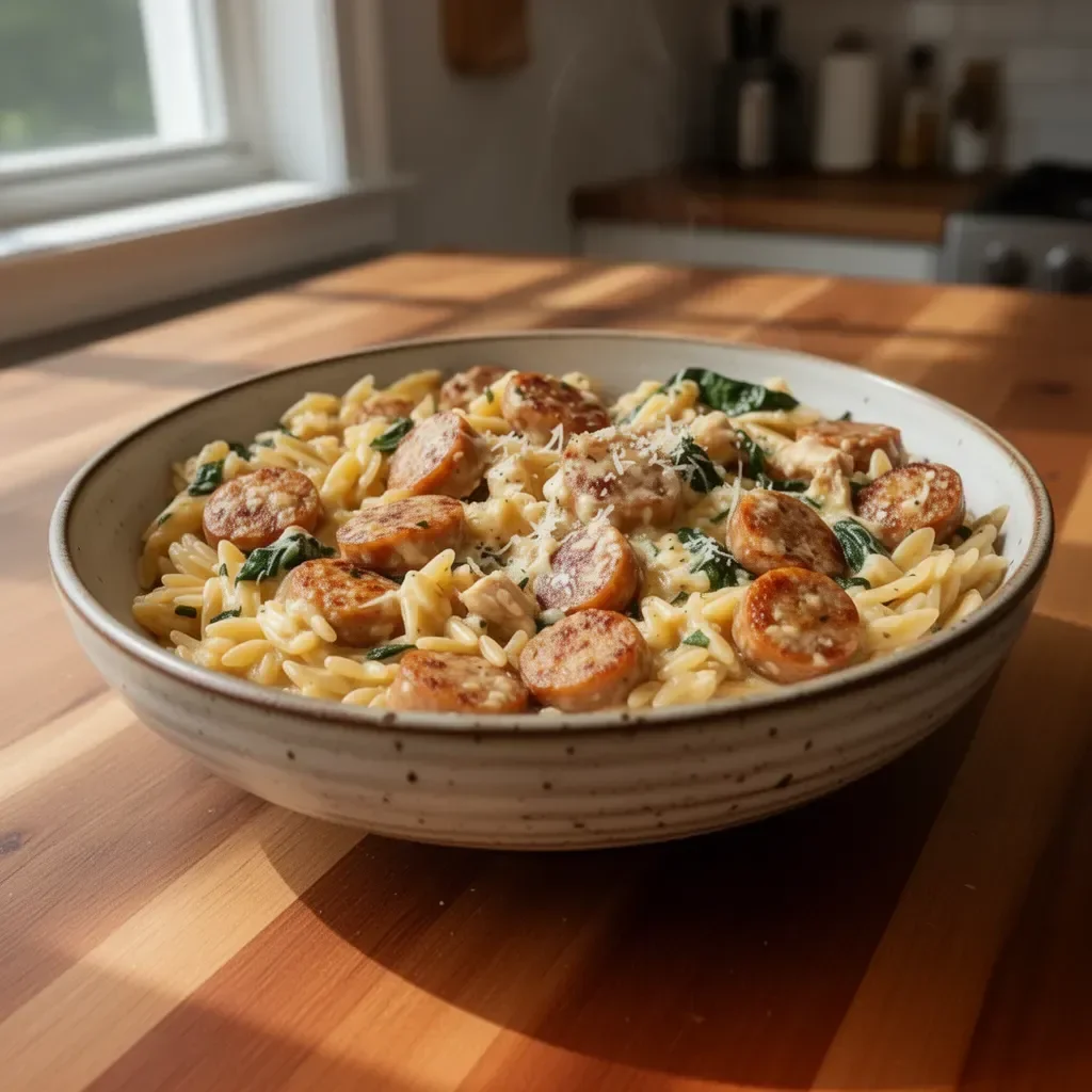 Creamy chicken sausage orzo dish served in a bowl with herbs