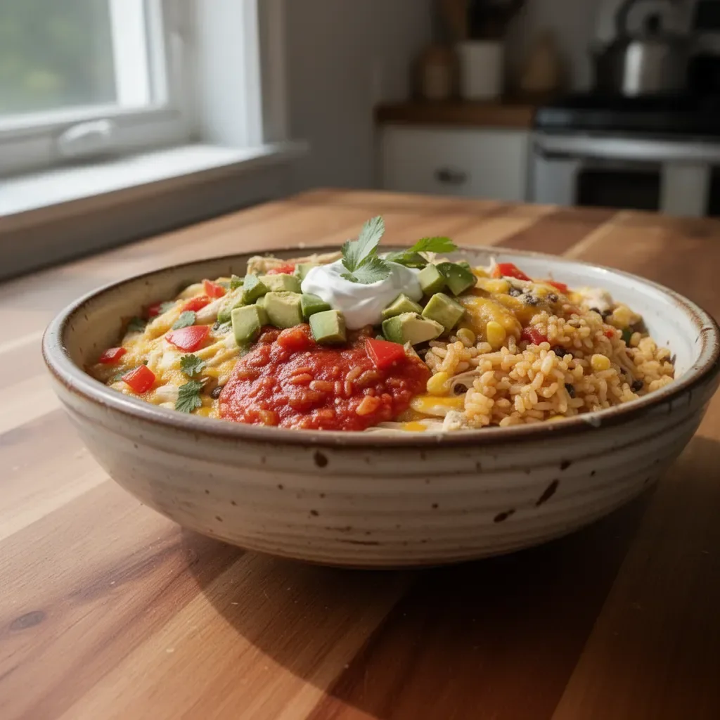 Creamy Mexican rice casserole with chicken, topped with cheese and herbs.