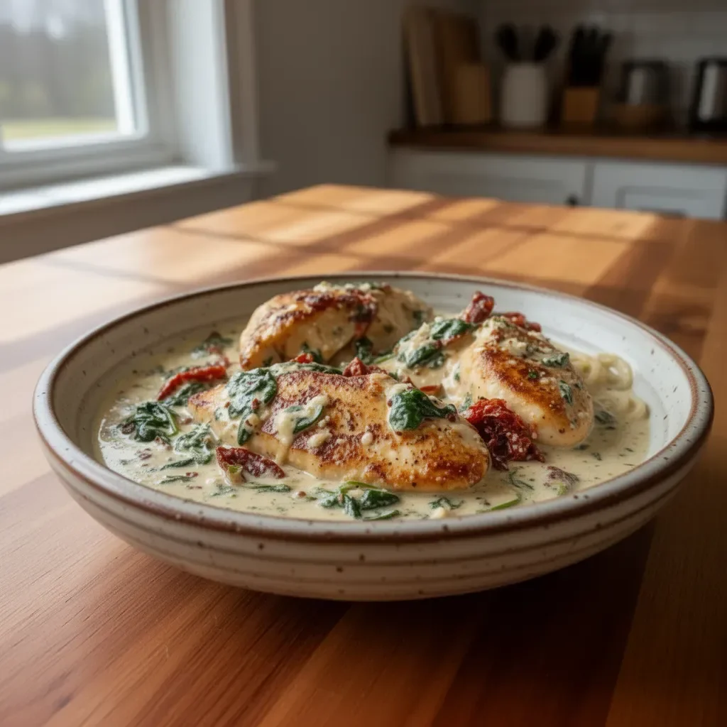 Creamy Tuscan garlic chicken served with herbs and vegetables on a plate.