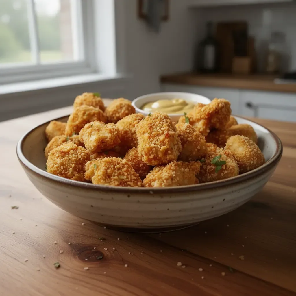 Crispy Baked Chicken Nuggets 3 Crispy baked chicken nuggets served with dipping sauce on a plate.