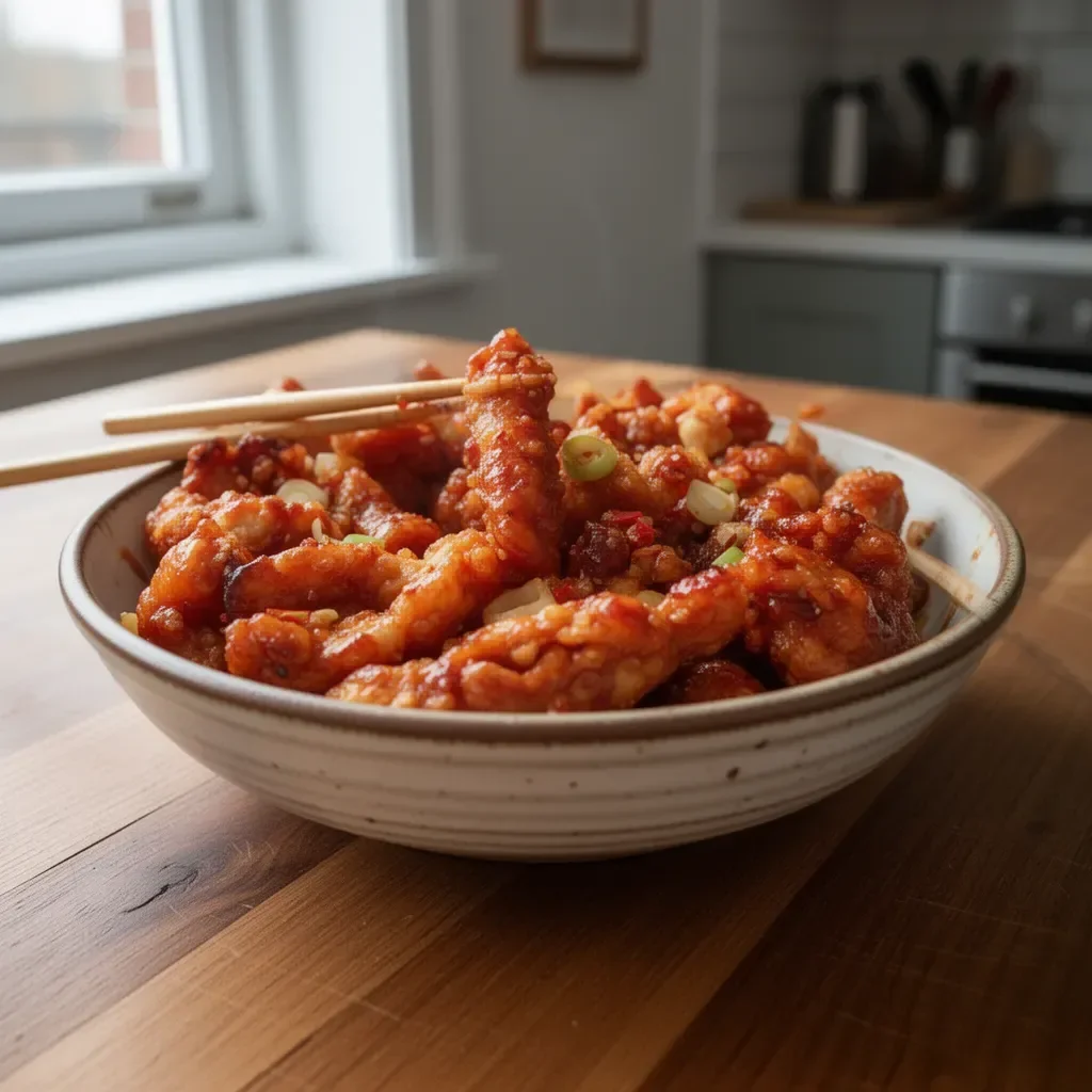 Plate of delicious Crispy Chilli Chicken garnished with fresh herbs